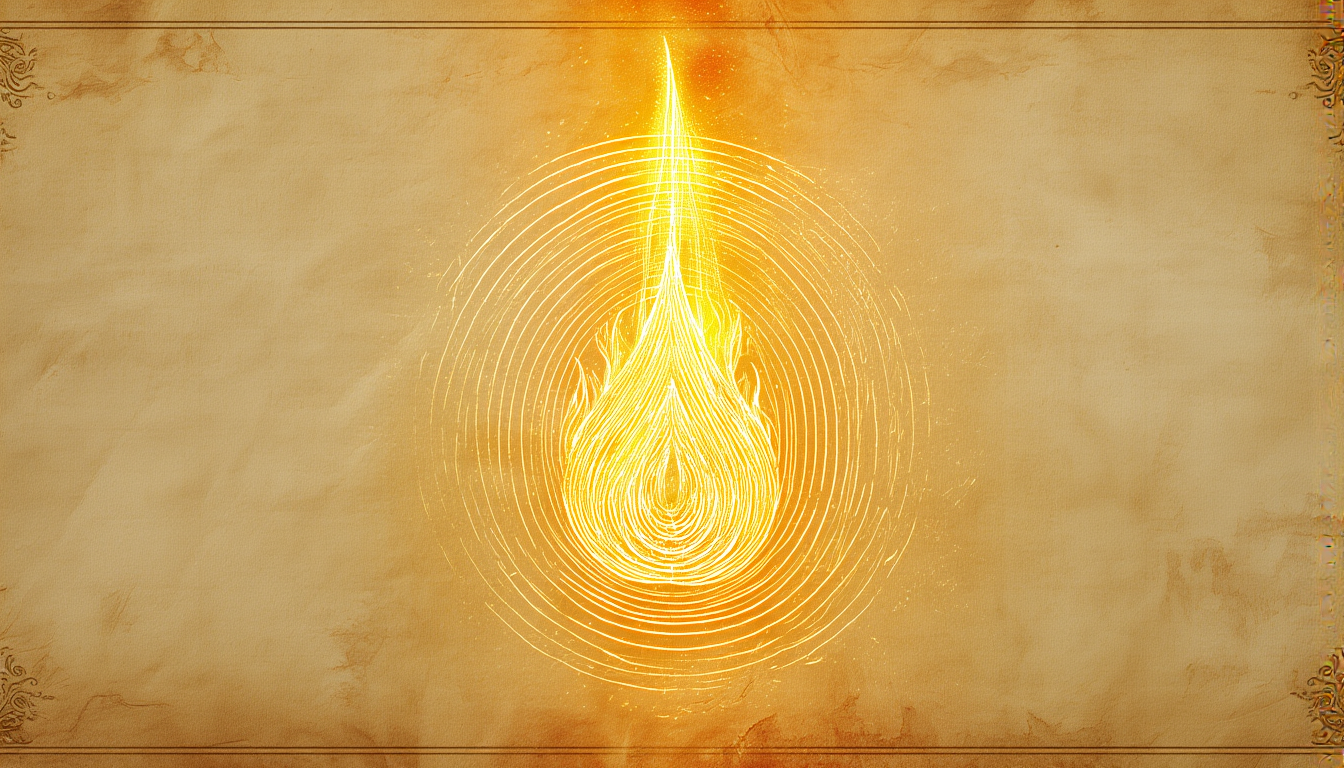 A radiant golden flame rising, fine gold line engraving on cream parchment