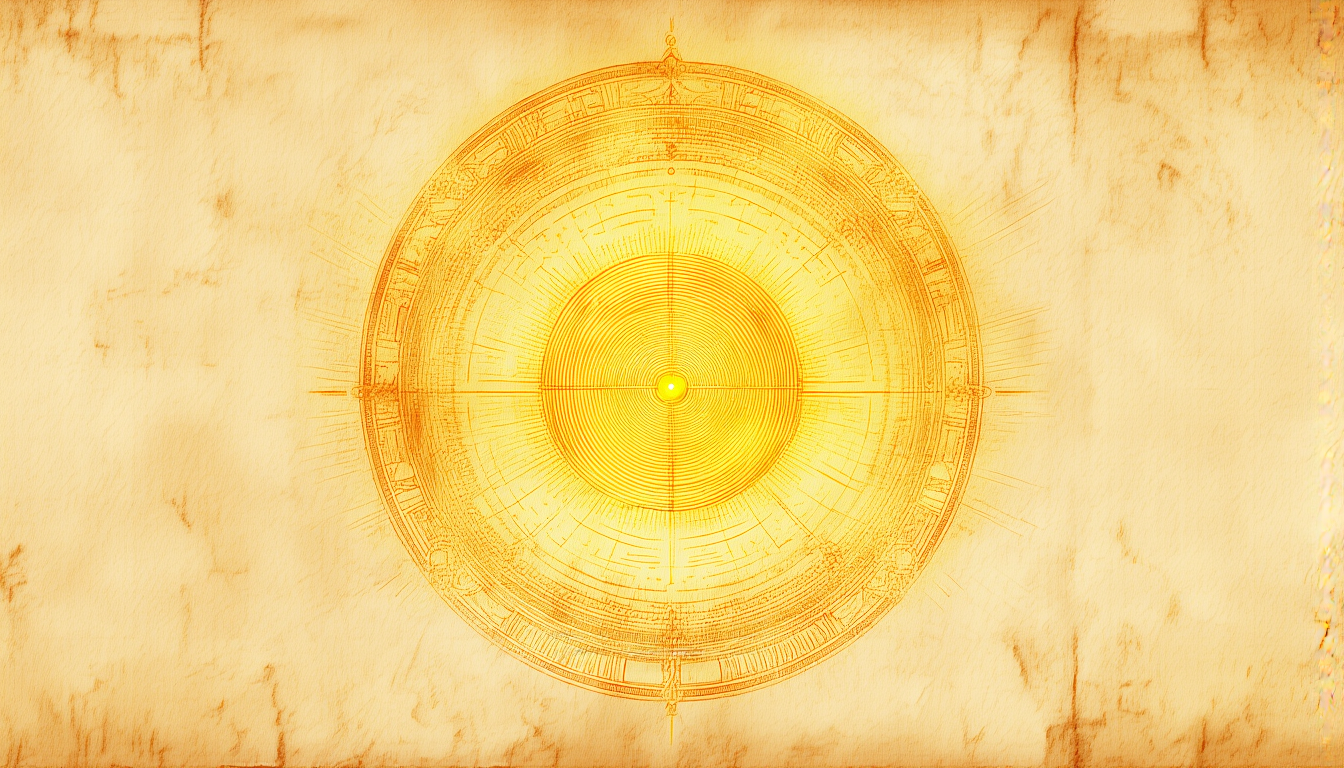 A radiant golden aperture at the center of concentric rings on cream parchment