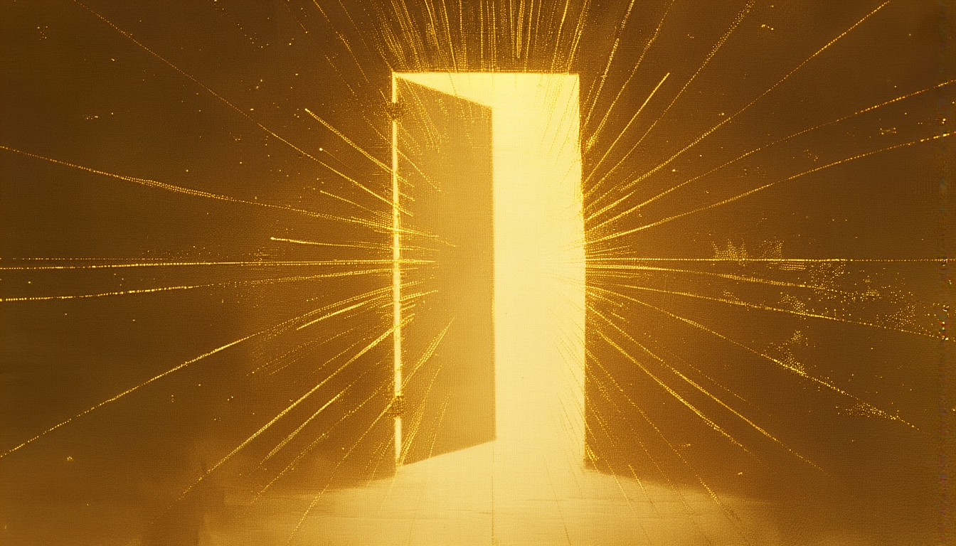A single open doorway radiating golden light on cream parchment