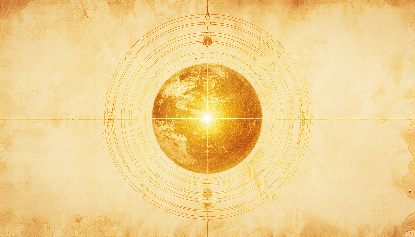 The Earth as a golden sphere encircled by concentric rings on cream parchment