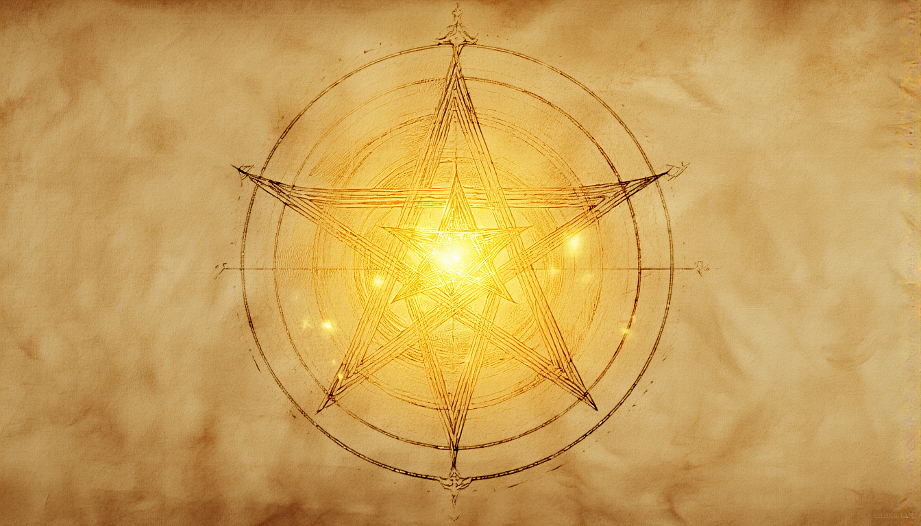 A five-pointed golden star with a radiant glowing center on cream parchment